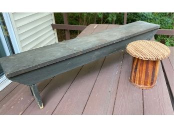 A Vintage Art And Craft Black Wooden  Bench And Small  Stool