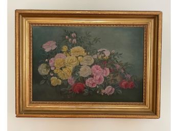 An Antique Floral Still Life Painting On Canvas Signed  E.M.R.1895 Original Frame