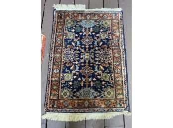A Vintage Hand Made  Blue & Brown Small Throw Rug  26' X 36'