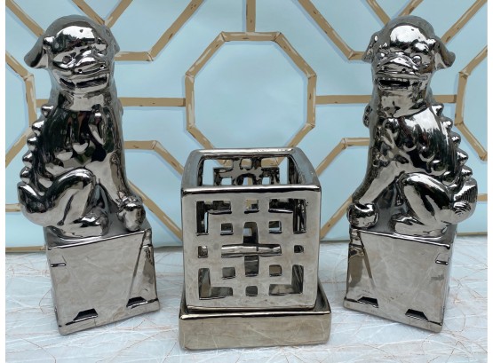 Pair Of Metallic Foo Dogs And Candle Holder
