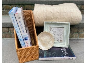 Coastal Grouping - Books, Frame And Ralph Lauren Cashmere Throw