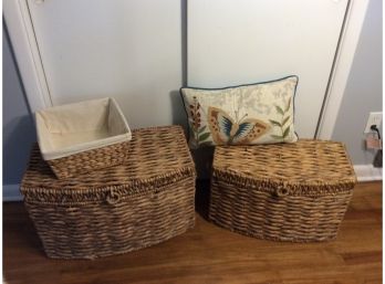 2 Wicker Storage Baskets - Lined Basket - Butterfly Pillow