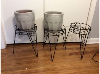 3 Plant Stands With 2 Ceramic Planters