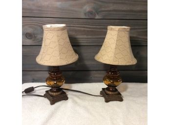 Pair Of Amber Glass Mini Lamps With Shades And Bulbs 12' Tall - Working