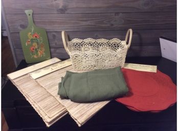 Decorative Cutting Board With Assorted Placemats And Fabric Basket