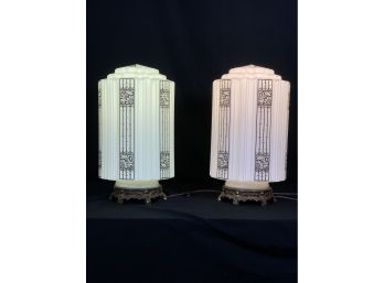 Pair Antique Art Deco Milk Glass Skyscraper Pendant Light Shades
