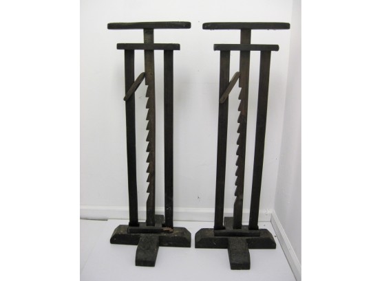 Pair Of Unique Large Antique English Wagon Jack Style Adjustable Wooden Candle Holders