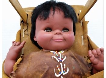 Vintage Native American Indian Doll In A Papoose