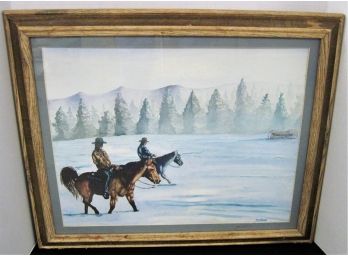 Fantastic Watercolor Gouache Painting Cowboys Crossing The Plains