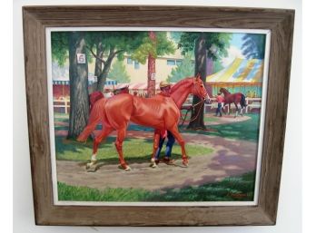Listed Artist Edward Tomasiewicz (American 1919-2006) Before The Races  Horse Original Oil Painting