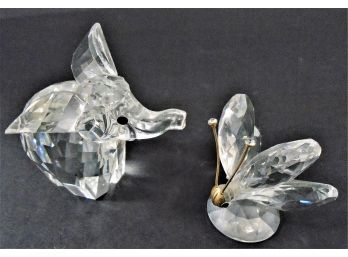 Pair Of Swarovski Crystal Figurinean Elephant And Butterfly