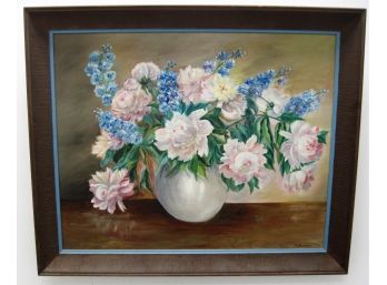 Large Vintage Flowers In Vase Still Life Oil Painting Signed Stoddard