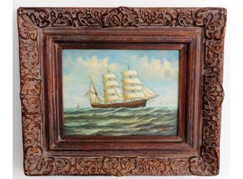 American Sailing Ship Signed Oil On Canvas Painting With Nice Frame