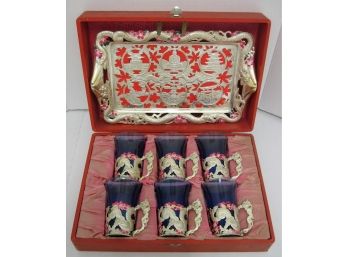 Beautiful Vintage Chinese Jeweled Silver Dragon Overlay Cobalt Glass & Tray Boxed Set