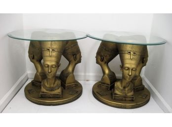 Beautiful Pair Egyptian Queen Heads Glass Top End Tables
