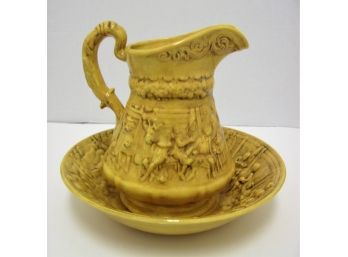 Vintage Embossed Yellow Signed Pitcher & Bowl With Pub Scene