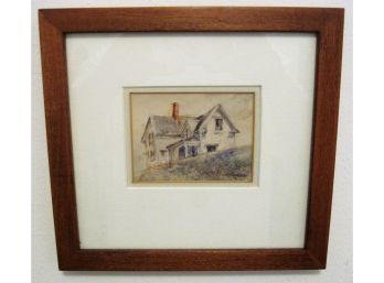 Miniature Watercolor Painting House On A Hill Signed Claudio Marra
