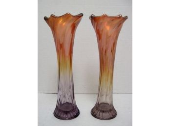 Nice Vintage Matching Pair 10 1/2' Carnival Glass Vases