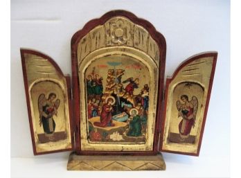 Vintage Hand Painted Wooden Folding Byzantine Style Icon