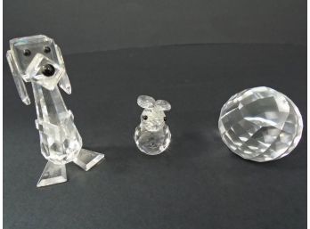 Set Of 3 Swarovski Crystal Figurines A Dog, A Rabbit And A Round Crystal With A Black Swan