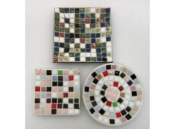 Lot Of 3 Vintage Mid Century Mosaic Tile Top Ashtrays Pin Or Trinket Holders