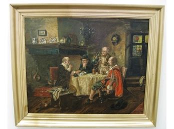 Antique Genre Oil Painting Men Gathered Around Table Signed Weil