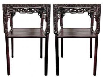 Pair Of Chinese Rosewood Tiered Marble Top Side Tables