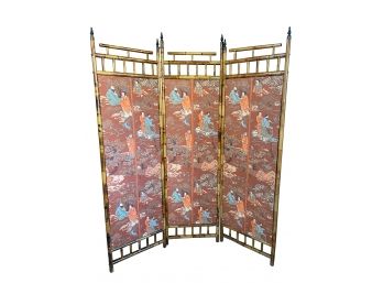 Antique Bamboo Folding 3-panel Dressing Screen / Room Divider With Asian Motif Upholstery