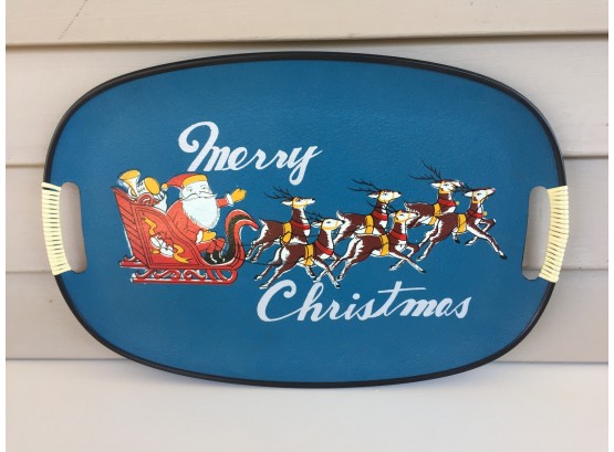 Vintage Christmas Tray With Santa, His Sleigh And Reindeer 'Merry Christmas'. In Excellent Condition.