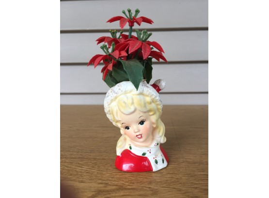 Vintage Women Christmas Head Vase With Santa Hat  And Scarf With Poinsettia. 3 1/2' Tall.