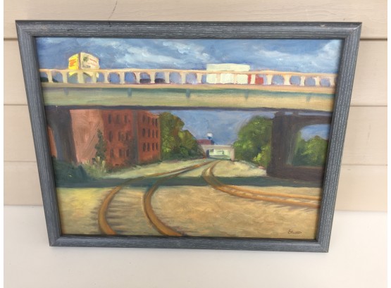 Wonderful Framed Vintage Signed Oil Painting On Canvas. Train Tracks Into Town. Frame. 13 1/4' X 17 1/8'.