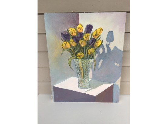 Beautiful Vintage Signed Oil On Canvas Still Life Painting Of Purple And Yellow Flowers In Vase. 16' X 20'.