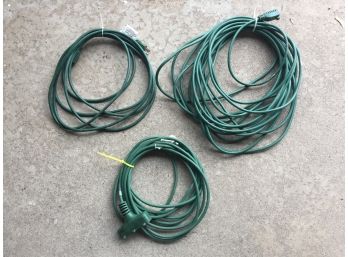 Three (3) Green Extension Cords. Different Lengths.
