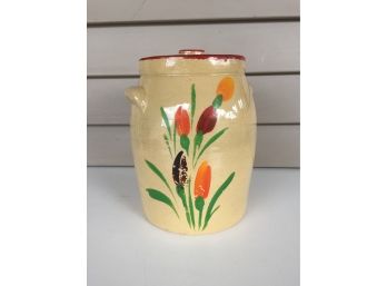 Antique Stoneware Crock Cookie Jar With Lid And Glazed On Flowers.