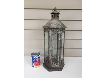 Wonderful Vintage Tin With Glass Windows Lantern. Hinged Door With Latch And Hanging Ring. 19 1/2' Tall.