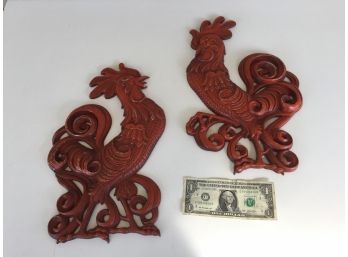 Pair Of Vintage Mid-Century Aluminum Sexton Rooster Wall Plaque Hangers.