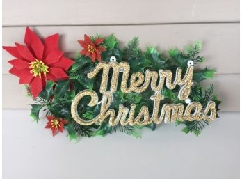 Vintage Merry Christmas Sign Ornament With Poinsettias.