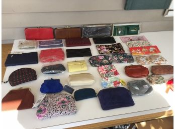 32 Vintage Wallets, Cosmetic Pouches, Changes Purse, Coupon Billfolds. Many New Old Stock. (2)