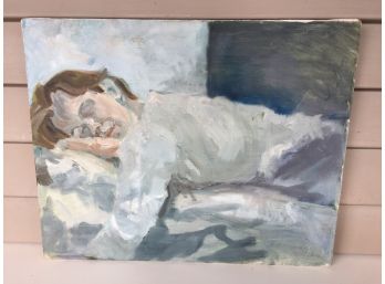 Vintage Oil Painting On Canvas Of Sleeping Young Man. Very Well Done! Measures 16' X 20'.