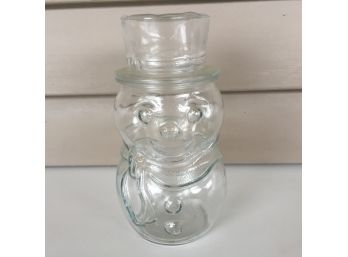 Libbey Of Canada Clear Glass Christmas Holiday Frosty Snowman Candy Jar With Lid.