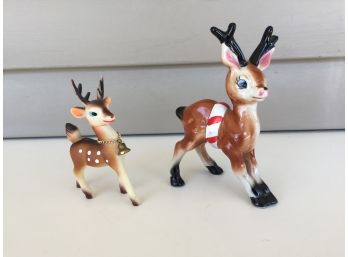 Two Vintage Christmas Reindeer. Larger One Is Glazed Ceramics. Other Is Rubber. Both In Excellent Condition.