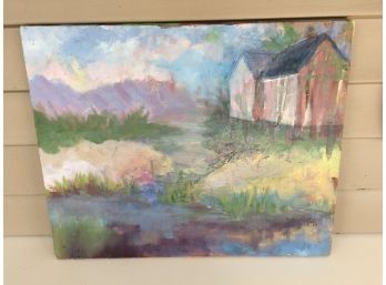 Wonderful Vintage Oil On Canvas Landscape Painting Of River, The Shore, Building. Beautiful Colors. 16' X 20'.