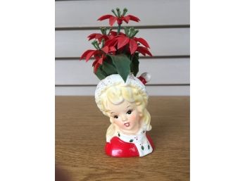 Vintage Women Christmas Head Vase With Santa Hat  And Scarf With Poinsettia. 3 1/2' Tall.