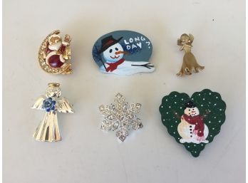 Six (6) Christmas Pins. Rhinestone Snowflake, Santa In Crescent Moon, Angels, Snowmen.