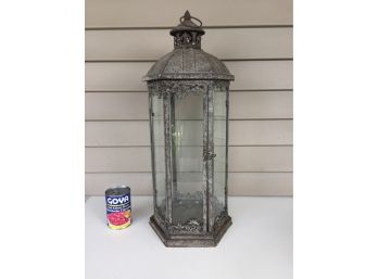 Wonderful Vintage Tin With Glass Windows Lantern. Hinged Door With Latch And Hanging Ring. 25' Tall.