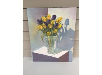 Beautiful Vintage Signed Oil On Canvas Still Life Painting Of Purple And Yellow Flowers In Vase. 16' X 20'.