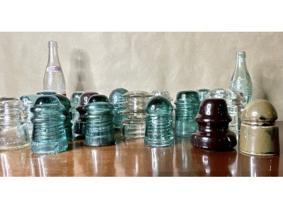 Collection Of Vintage Glass Insulators And Bottles