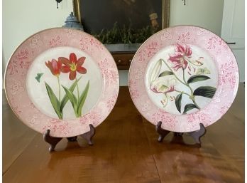 Two Decoupage Floral Plates With Pink Border