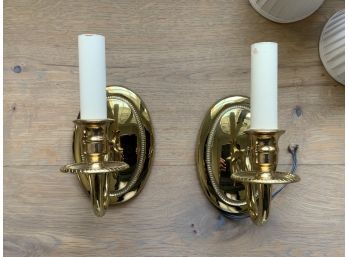 Two Brass Wall Sconces By Virginia Metalcrafters With Linen Shades