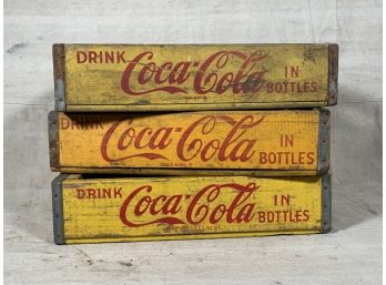 Three Vintage Drink Coca Cola Yellow Wood Crates